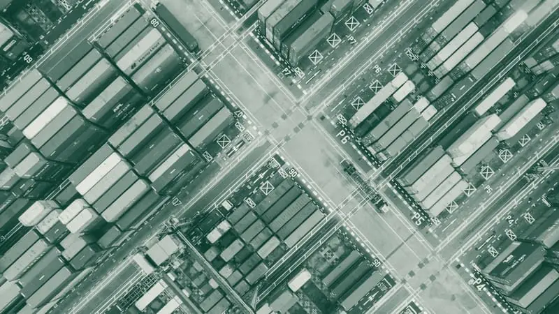 A container yard from above, blocks divided by service roads