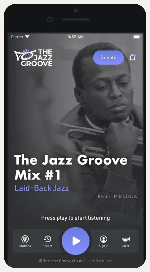 The Jazz Groove app now playing screen
