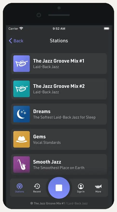 The Jazz Groove app station list