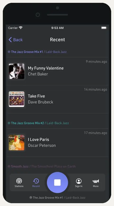 The Jazz Groove app recent history